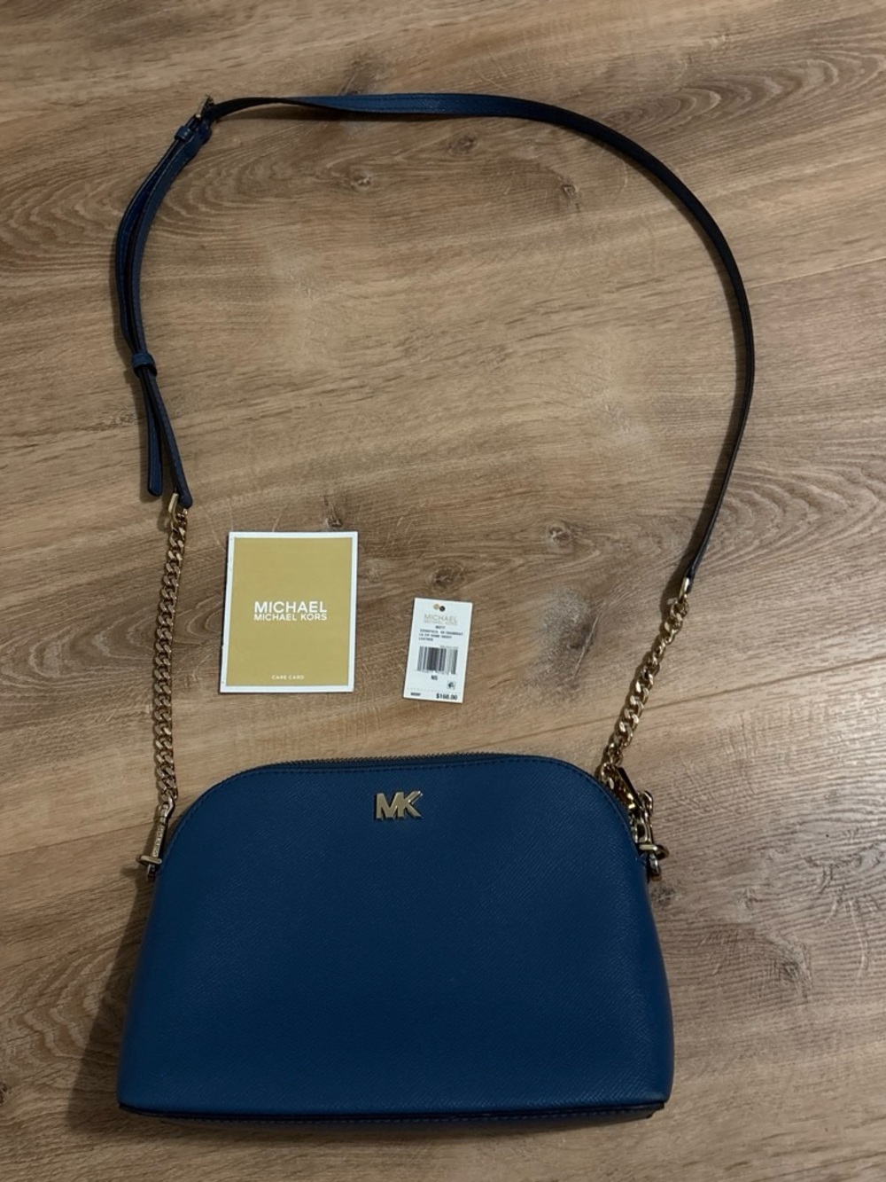 Michael Kors Navy Blue Leather MK Dome Crossbody with Gold Chain